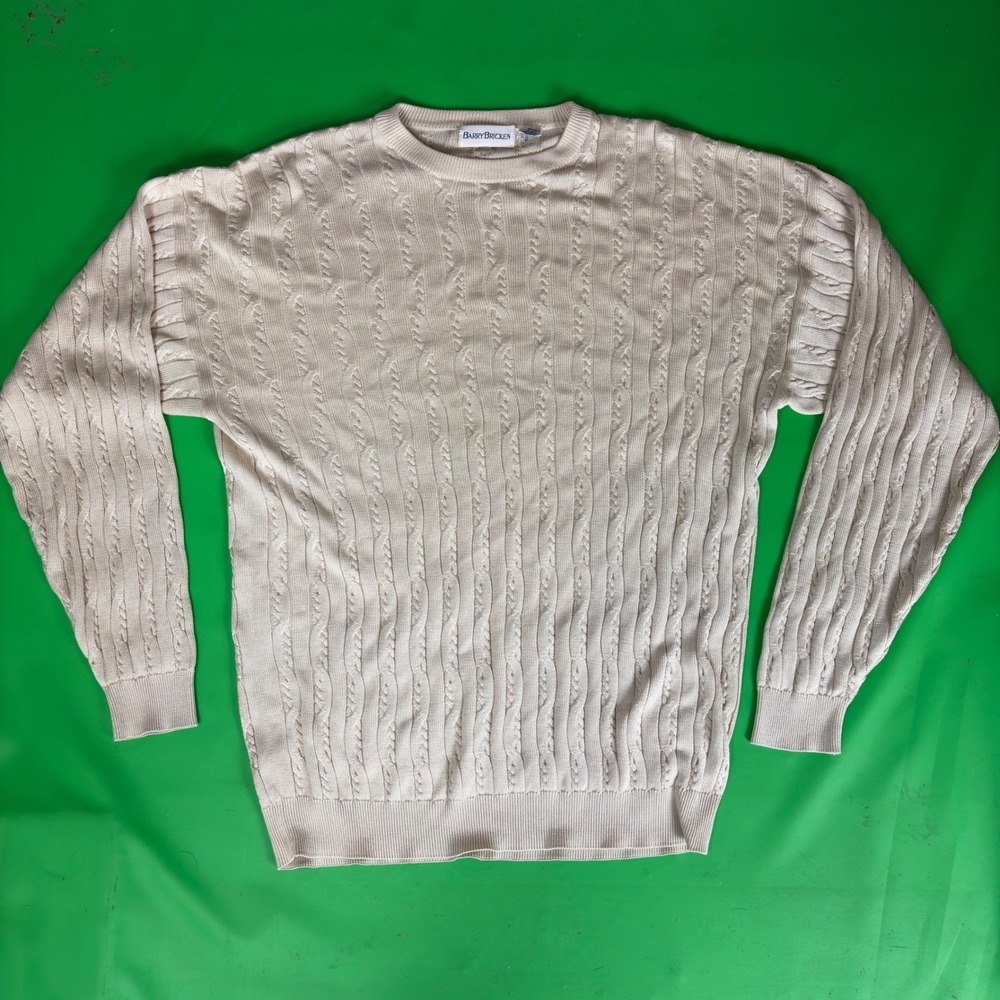 VTG Barry Bricken Cable Knit Sweater Mens XL Cream 100% Silk Fisherman Crewneck